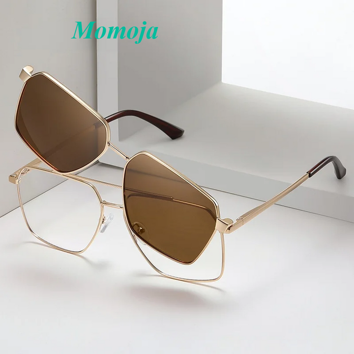 Momoja Women's Full Rim Polygon Double Bridge Titanium Eyeglasses Clip On Sunglasses 91702