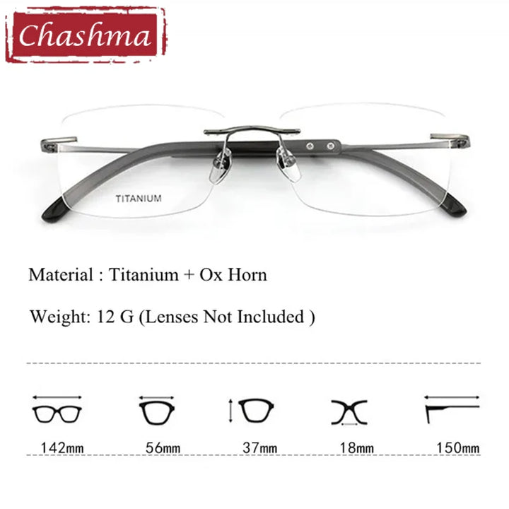 Chashma Unisex Rimless Polygon Square Titanium Horn Eyeglasses 921029