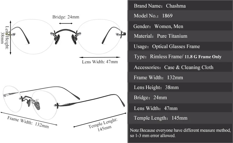 Chashma Ochki Women's Rimless Oval Round Titanium Eyeglasses 311869