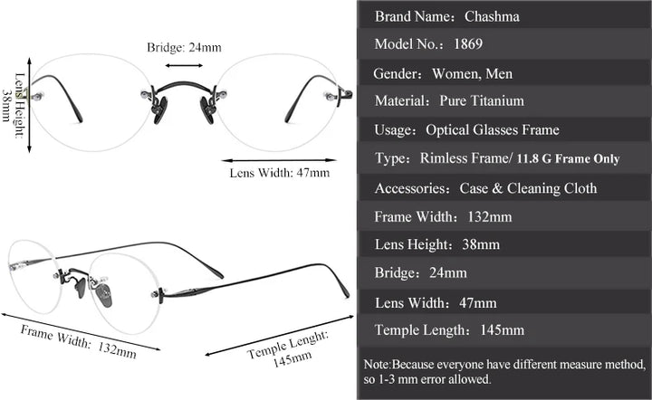 Chashma Ochki Women's Rimless Oval Round Titanium Eyeglasses 311869