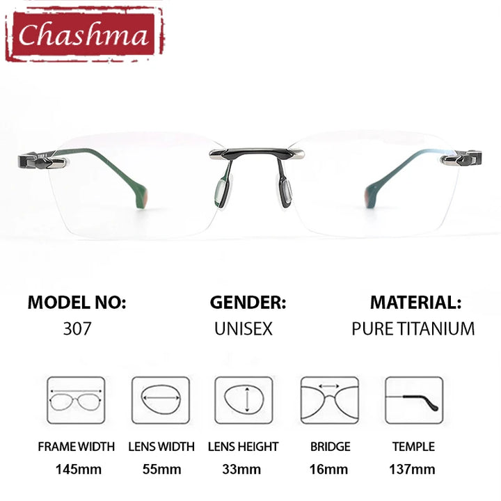 Chashma Ottica Unisex Rimless Square Titanium Eyeglasses 401307