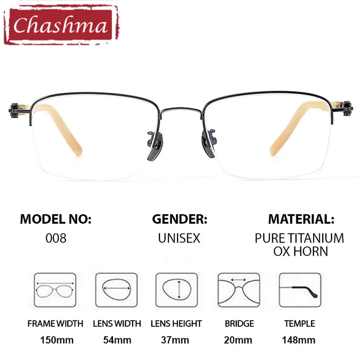 Chashma Ottica Men's Big Semi Rim Square Titanium Horn Eyeglasses 401008