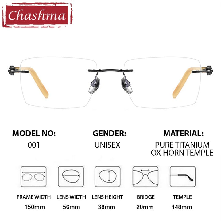 Chashma Ottica Men's Rimless Big Polygon Titanium Horn Eyeglasses 401001