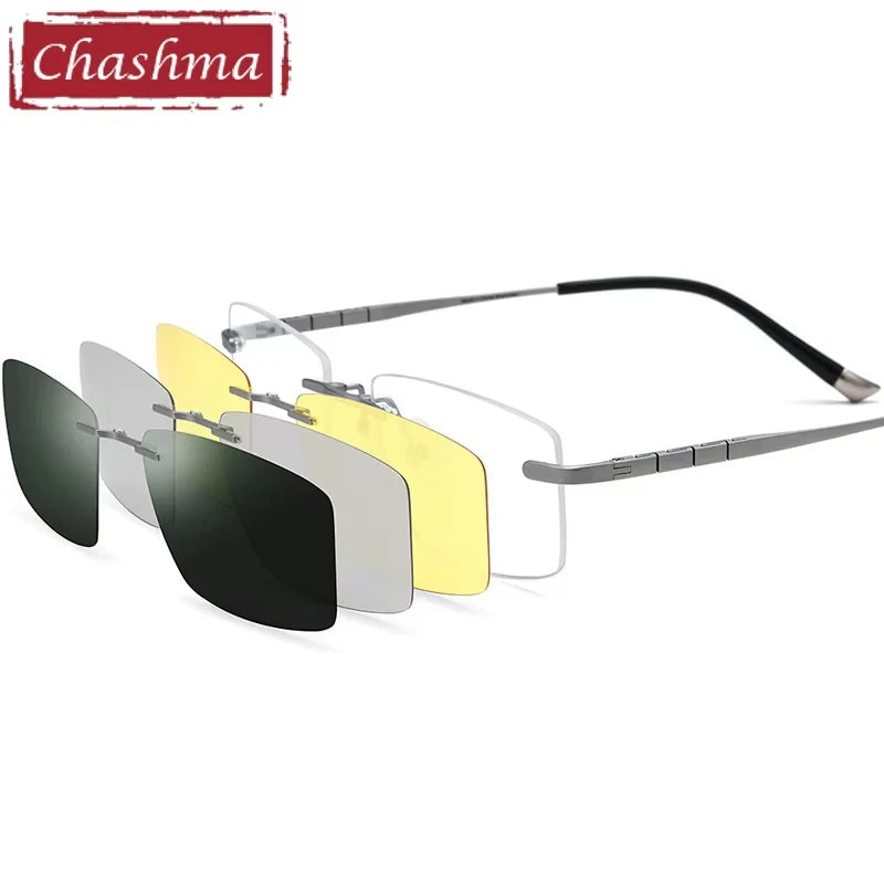 Chashma Women's Rimless Square Titanium Eyeglasses Clip On Sunglasses 185761