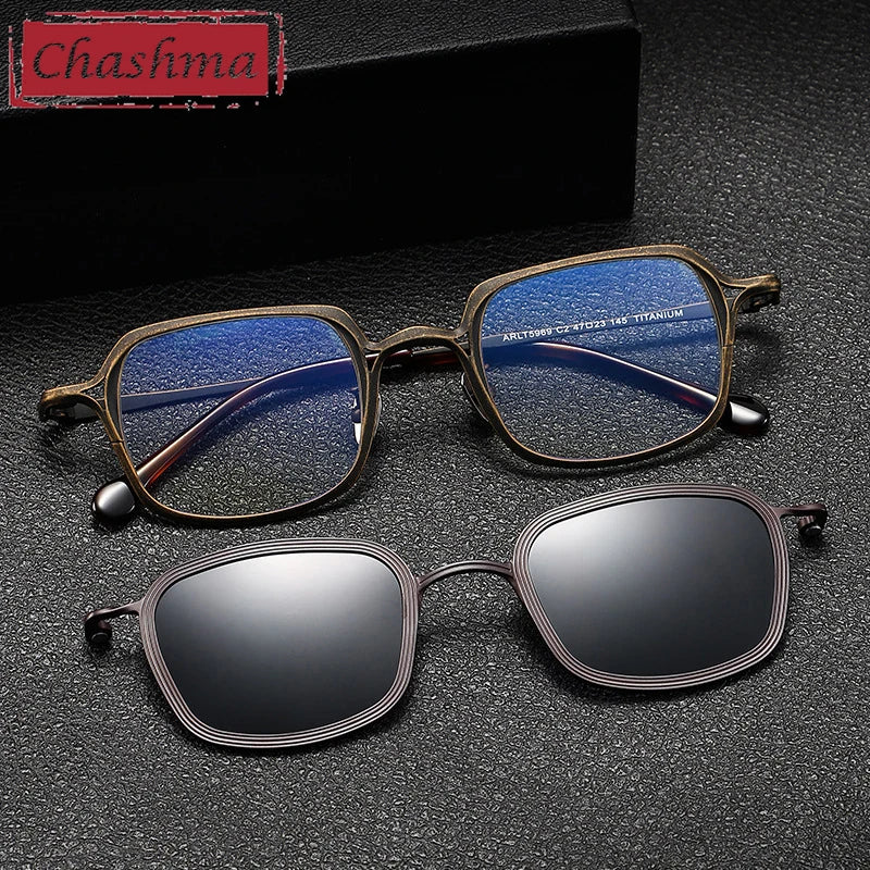 Chashma Ottica Unisex Full Rim Square Titanium Eyeglasses Clip On Sunglasses 415969