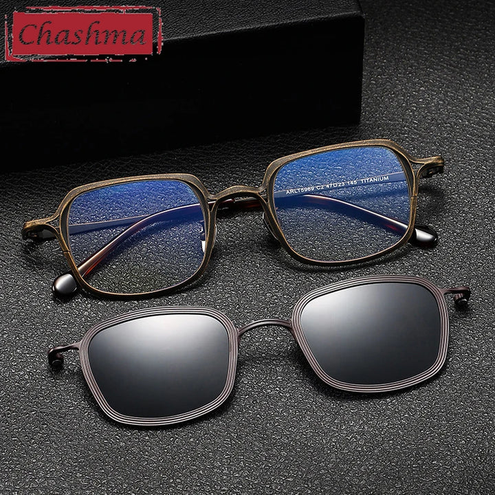 Chashma Ottica Unisex Full Rim Square Titanium Eyeglasses Clip On Sunglasses 415969