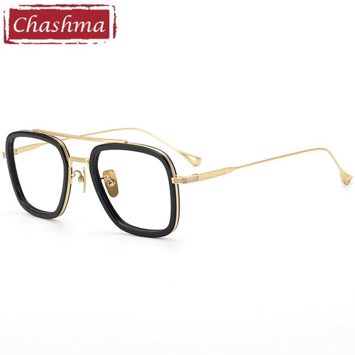 Chashma Unisex Full Rim Square Double Bridge Acetate Titanium Eyeglasses T927 Full Rim Chashma Black Gold