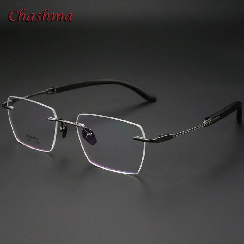 Chashma Ochki Unisex Rimless Polygon Titanium Wood Eyeglasses 312329