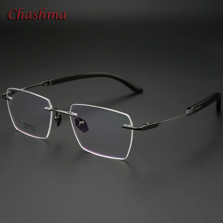 Chashma Ochki Unisex Rimless Polygon Titanium Wood Eyeglasses 312329