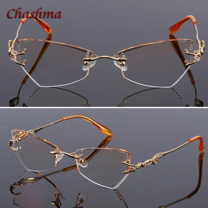 Chashma Women's Rimless Eyeglasses Tint Lenses Titanium Diamond Cut Cat Eye 8036Ce Rimless Chashma Gold Shape A