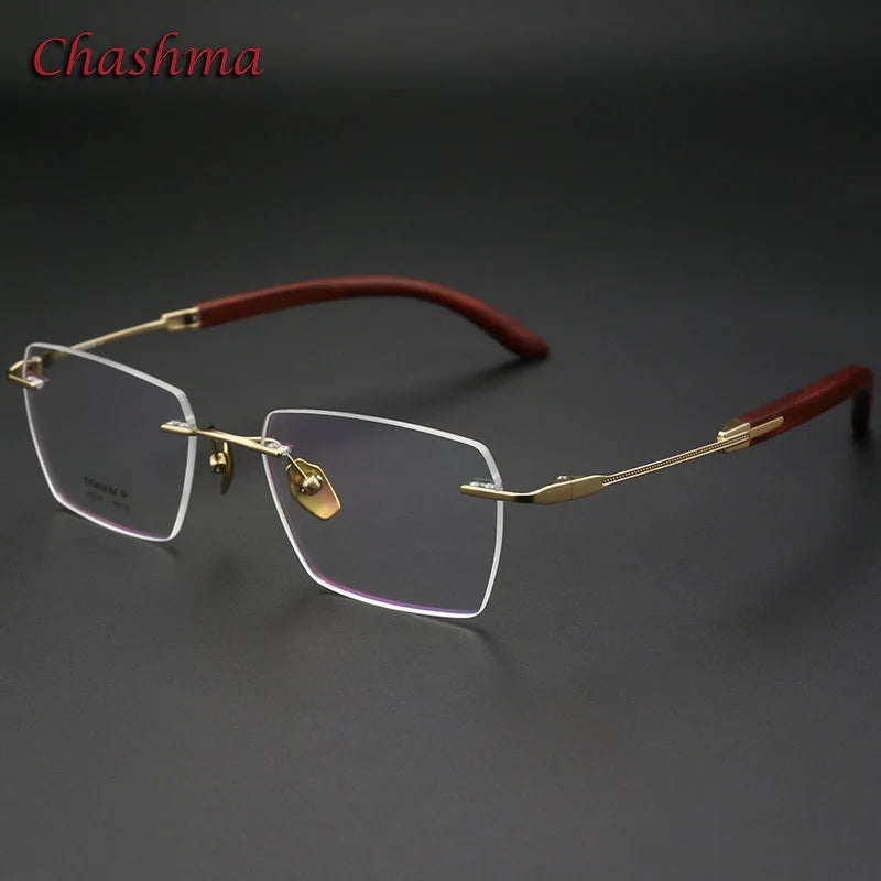 Chashma Ochki Unisex Rimless Polygon Titanium Wood Eyeglasses 312329