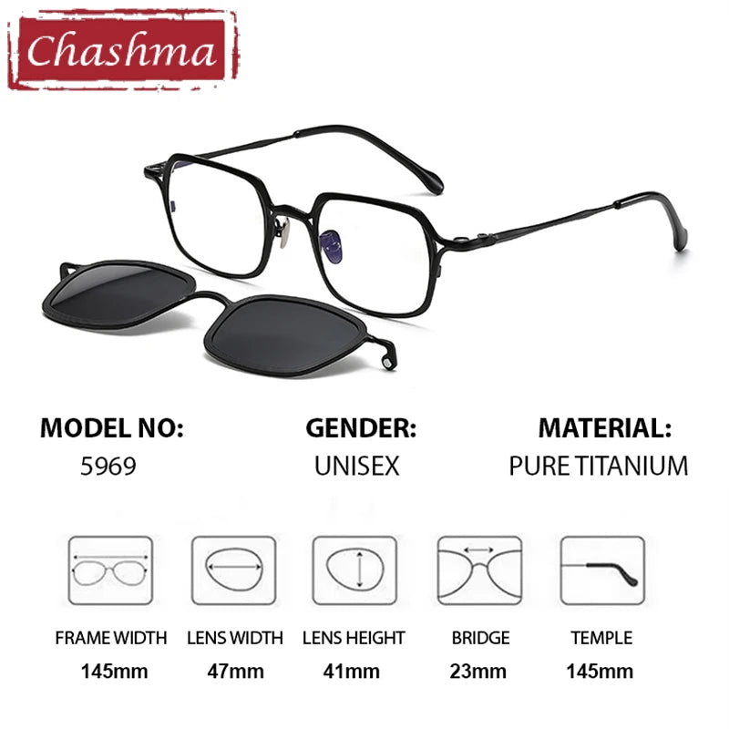 Chashma Ottica Unisex Full Rim Square Titanium Eyeglasses Clip On Sunglasses 415969