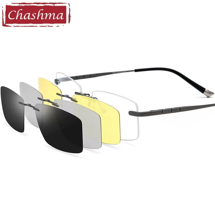 Chashma Women's Rimless Square Titanium Eyeglasses Clip On Sunglasses 185761