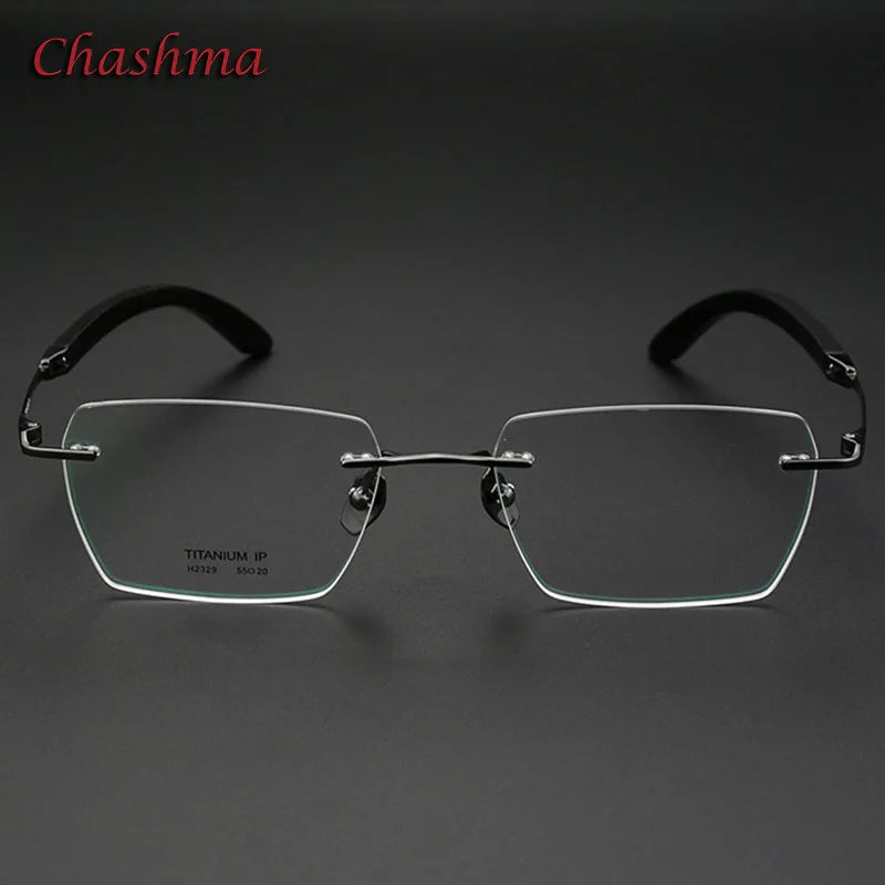 Chashma Ochki Unisex Rimless Polygon Titanium Wood Eyeglasses 312329