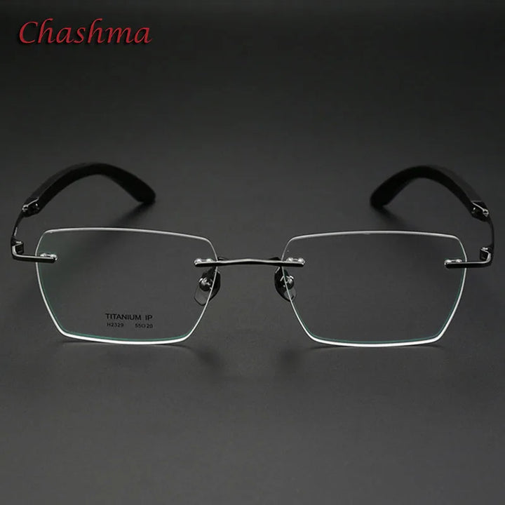 Chashma Ochki Unisex Rimless Polygon Titanium Wood Eyeglasses 312329