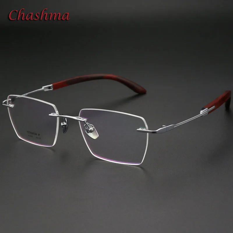 Chashma Ochki Unisex Rimless Polygon Titanium Wood Eyeglasses 312329