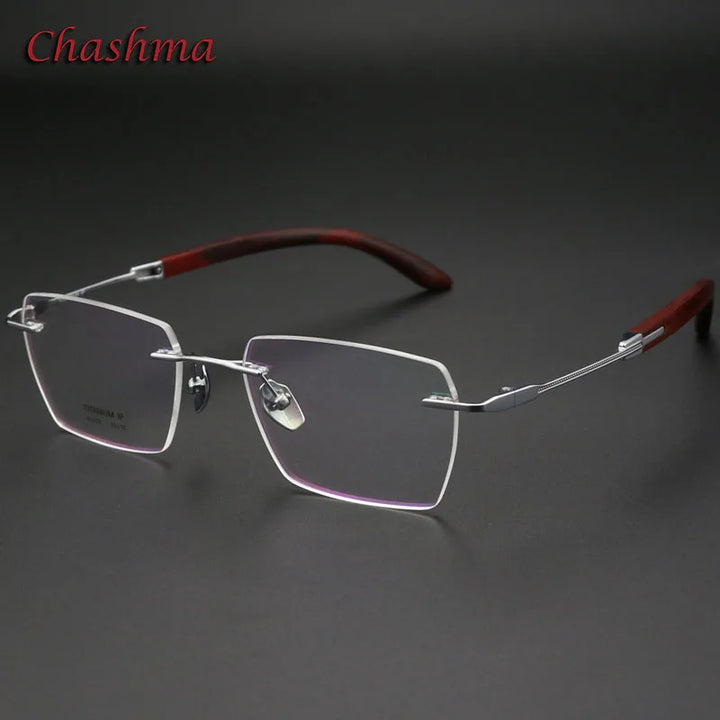 Chashma Ochki Unisex Rimless Polygon Titanium Wood Eyeglasses 312329