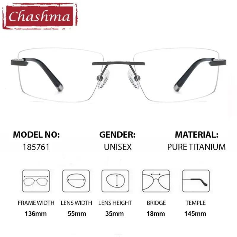 Chashma Women's Rimless Square Titanium Eyeglasses Clip On Sunglasses 185761