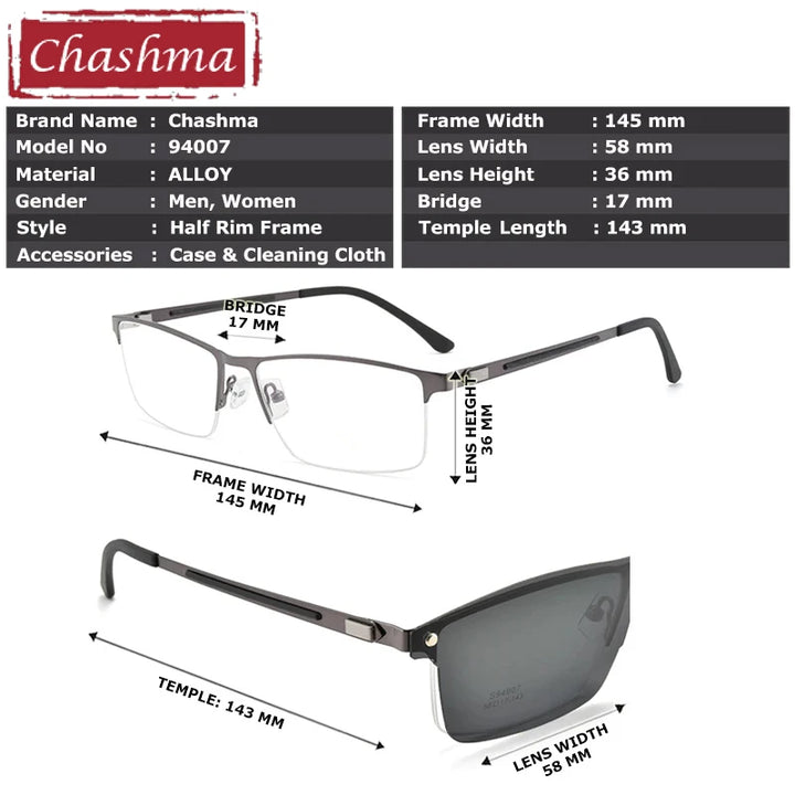Chashma Ottica Men's Semi Rim Square Titanium Eyeglasses Clip On Sunglasses 494007