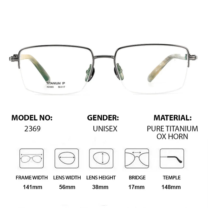 Chashma Men's Semi Rim Square Titanium Ox Horn Tip Eyeglasses 72369