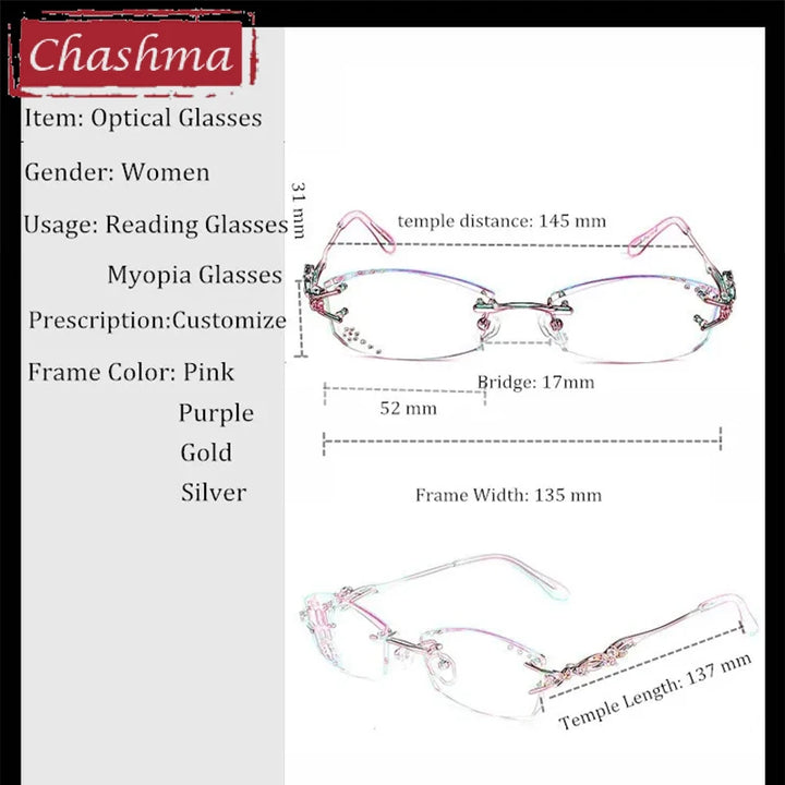 Chashma Ottica Women's Rimless Rectangle Titanium Eyeglasses 408036