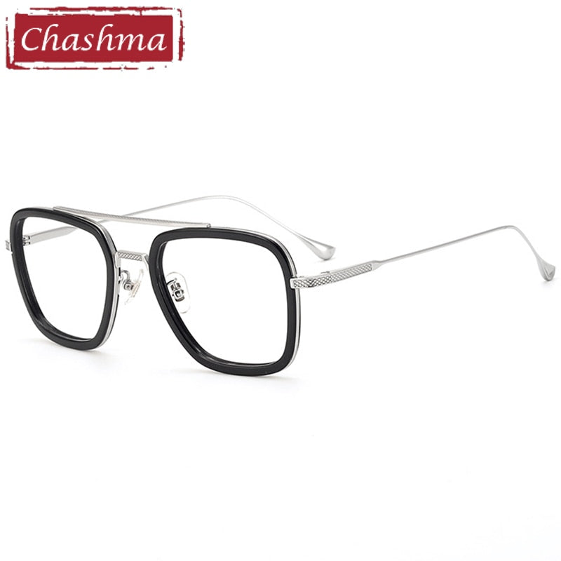 Chashma Unisex Full Rim Square Double Bridge Acetate Titanium Eyeglasses T927 Full Rim Chashma Black Silver