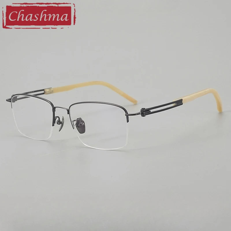 Chashma Ottica Men's Big Semi Rim Square Titanium Horn Eyeglasses 401008