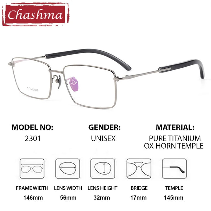 Chashma Ottica Unisex Full Rim Square Titanium Horn Eyeglasses 402301