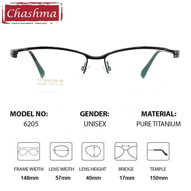 Chashma Men's Semi Rim Big Square Brow Line Titanium Eyeglasses 586205