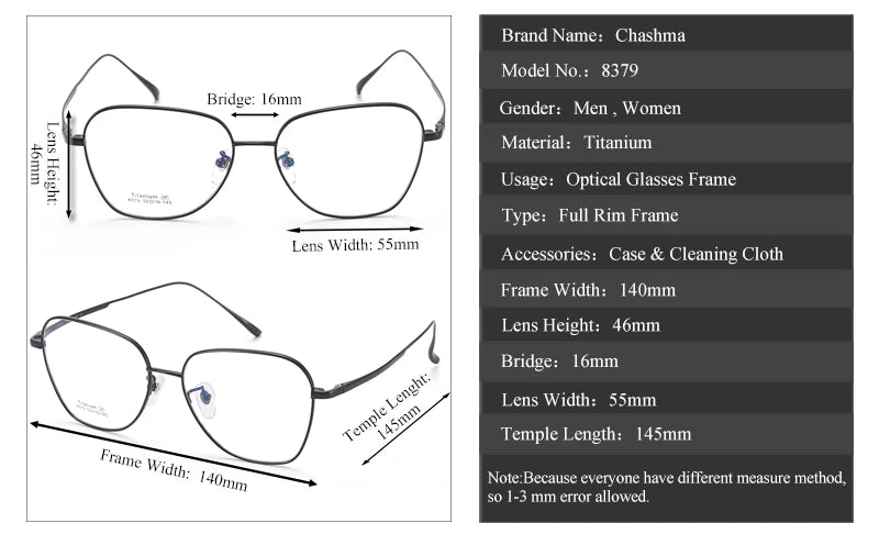 Chashma Unisex Full Rim Flat Top Polygon Titanium Eyeglasses 8379 Full Rim Chashma