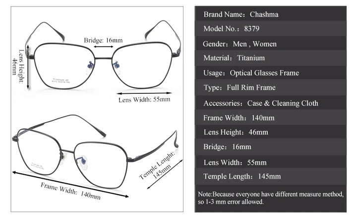 Chashma Unisex Full Rim Flat Top Polygon Titanium Eyeglasses 8379 Full Rim Chashma