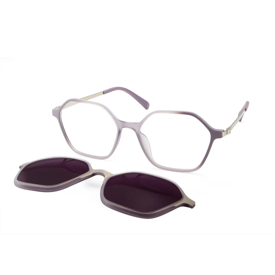 Esnbie Women's Full Rim Polygon Tr 90 Titanium Eyeglasses Clip On Sunglasses 8018 With Clip Ons Esnbie purple