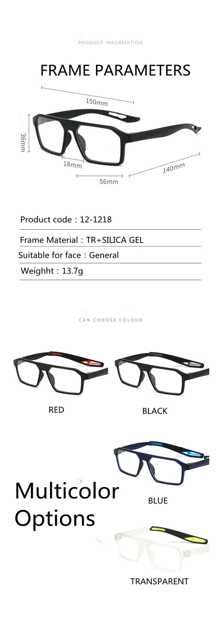 Kocolior Unisex Full Rim Square Tr 90  Sport Eyeglasses 1218 Full Rim Kocolior