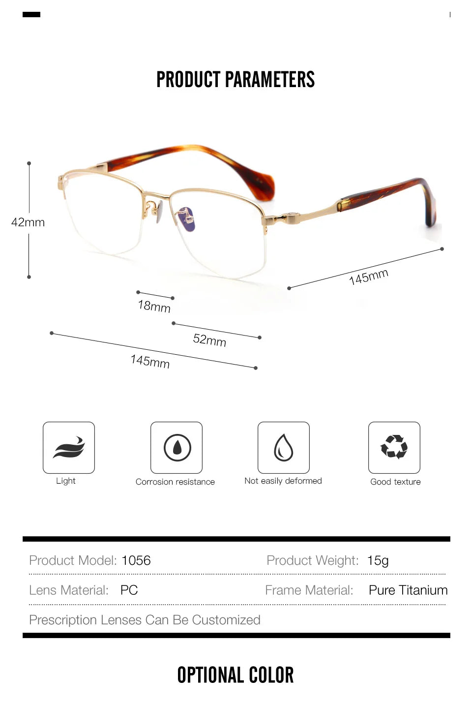 Muzz Men's Semi Rim Polygon Square Titanium Eyeglasses 31056