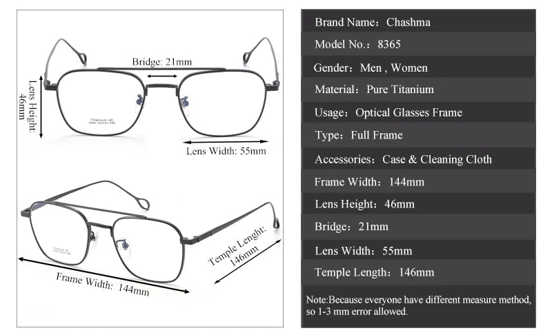 Chashma Ottica Unisex Full Rim Square Double Bridge Titanium Eyeglasses 83654