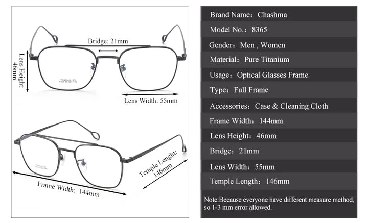 Chashma Ottica Unisex Full Rim Square Double Bridge Titanium Eyeglasses 83654