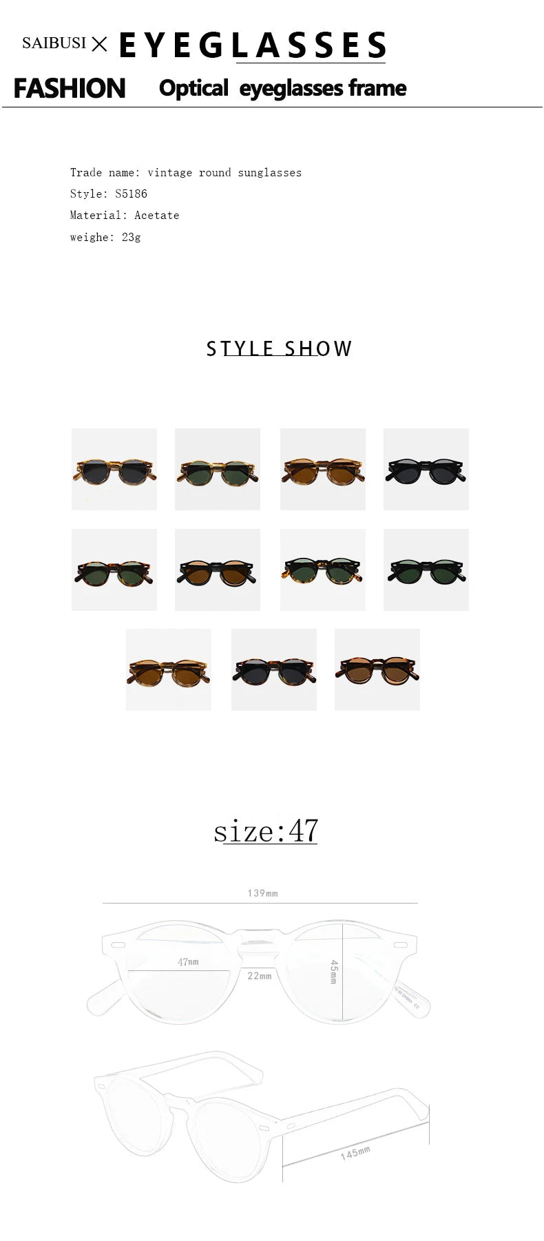 Hewei Unisex Full Rim Round Acetate Polarized Sunglasses 5186 Sunglasses Hewei