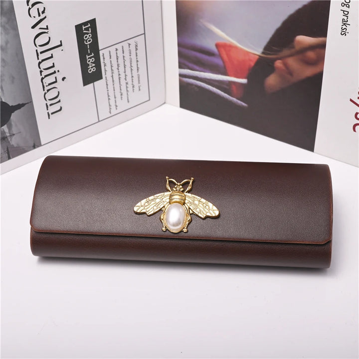 Cubojue Unisex Brown PU Leather Eyeglass Case Assorted Designs 1638 Case Cubojue Case white bee  