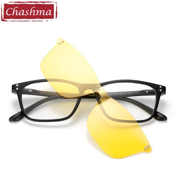 Chashma Unisex Full Rim Square Tr 90 Titanium Eyeglasses With Polarized Clip On Sunglasses 2286 With Clip Ons Chashma Yellow Lenses