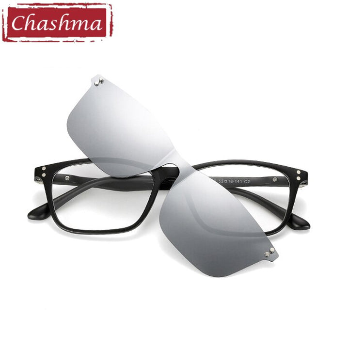 Chashma Unisex Full Rim Square Tr 90 Titanium Eyeglasses With Polarized Clip On Sunglasses 2286 With Clip Ons Chashma Silver Lenses