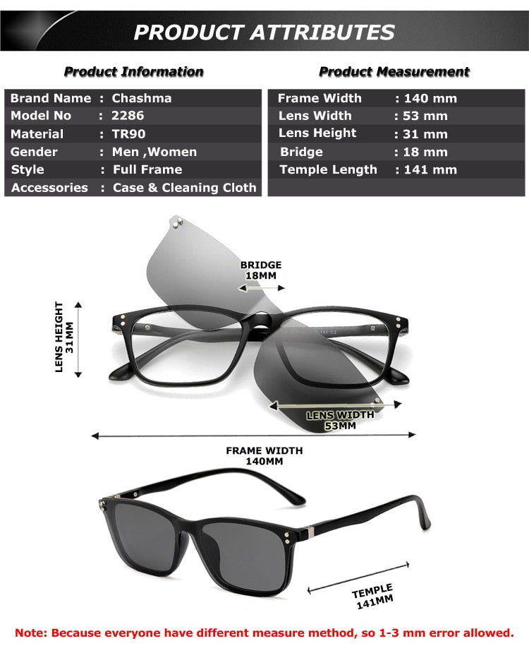 Chashma Unisex Full Rim Square Tr 90 Titanium Eyeglasses With Polarized Clip On Sunglasses 2286 With Clip Ons Chashma