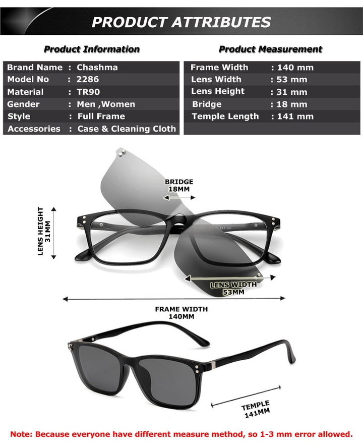 Chashma Unisex Full Rim Square Tr 90 Titanium Eyeglasses With Polarized Clip On Sunglasses 2286 With Clip Ons Chashma