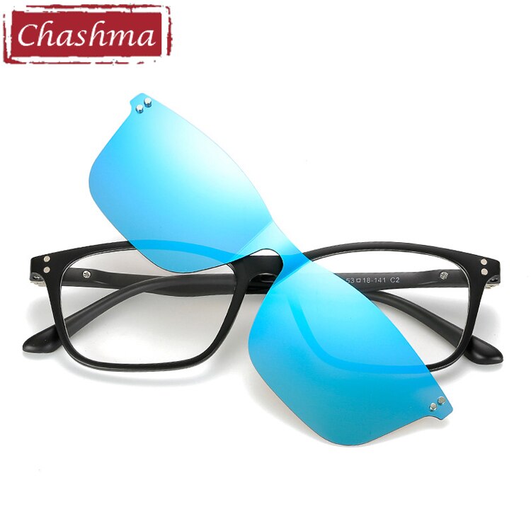 Chashma Unisex Full Rim Square Tr 90 Titanium Eyeglasses With Polarized Clip On Sunglasses 2286 With Clip Ons Chashma Blue Lenses
