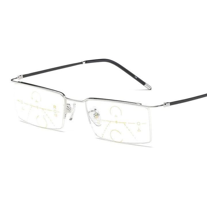Men's Reading Glasses Half Frame Alloy Progressive Presbyopic Lenses Reading Glasses Brightzone Silver +100 