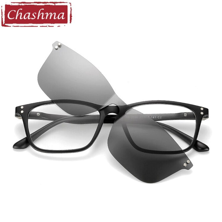 Chashma Unisex Full Rim Square Tr 90 Titanium Eyeglasses With Polarized Clip On Sunglasses 2286 With Clip Ons Chashma Gray Lenses