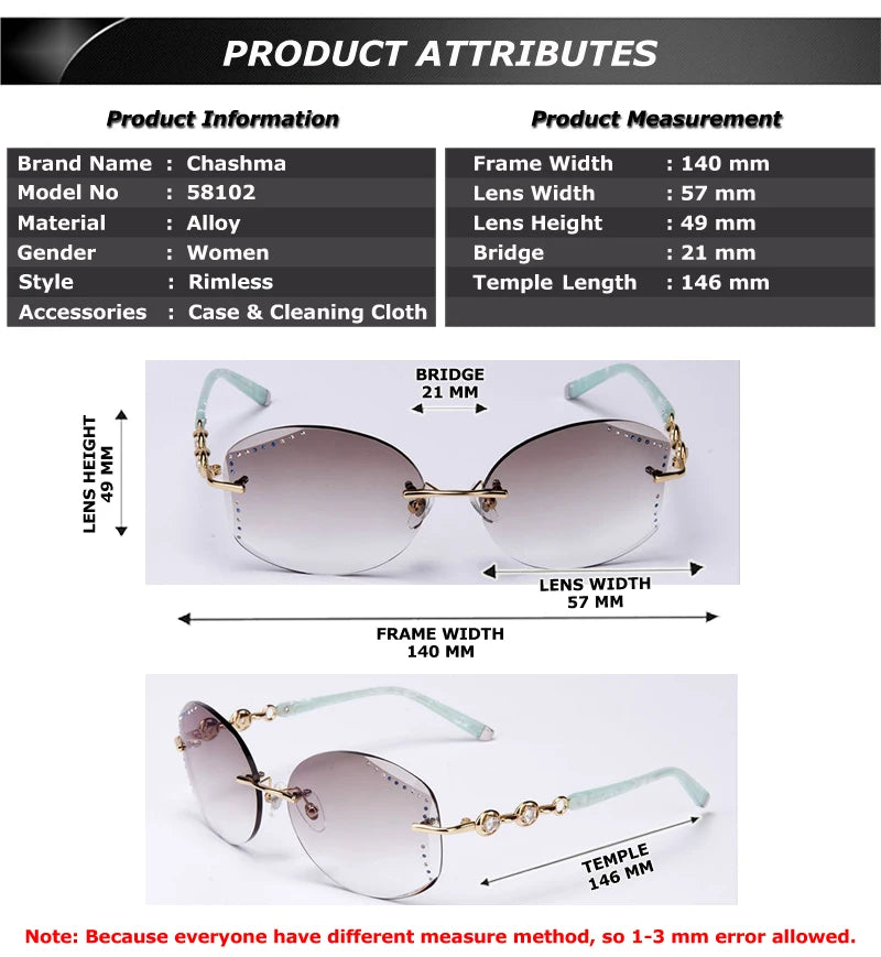 Chashma Women's Rimless Oval Gradient Tint Titanium Eyeglasses 58102 Rimless Chashma