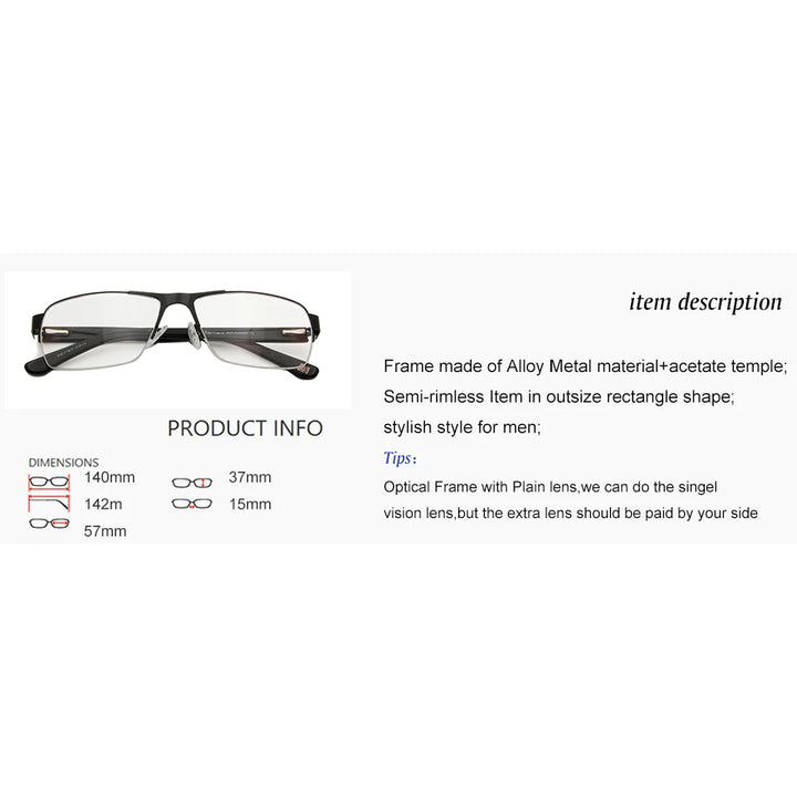 Esnbie Unisex Semi Rim Rectangle Alloy Eyeglasses 9170 Semi Rim Esnbie