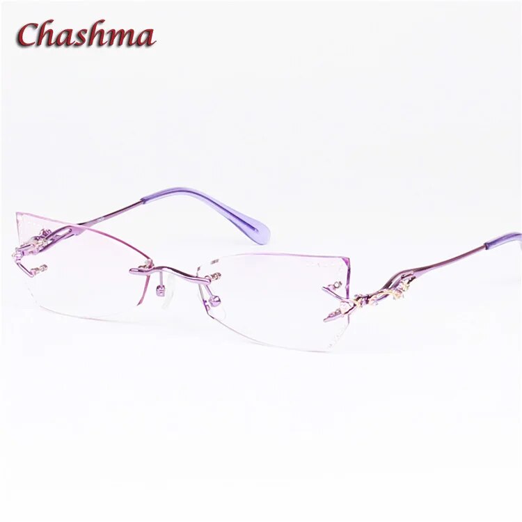 Chashma Women's Rimless Eyeglasses Tint Lenses Titanium Diamond Cut Cat Eye 8036Ce Rimless Chashma Purple Shape B