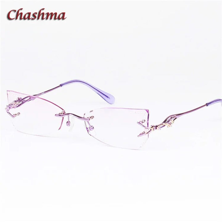 Chashma Women's Rimless Eyeglasses Tint Lenses Titanium Diamond Cut Cat Eye 8036Ce Rimless Chashma Purple Shape B