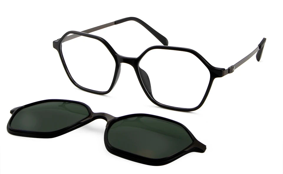 Esnbie Women's Full Rim Polygon Tr 90 Titanium Eyeglasses Clip On Sunglasses 8018 With Clip Ons Esnbie black Green